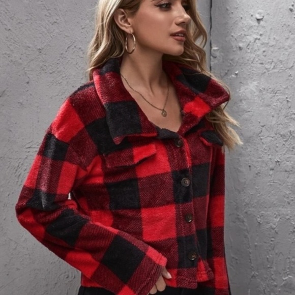Shien medium collared Buttoned Fleece Plaid Jacket - Picture 7 of 7